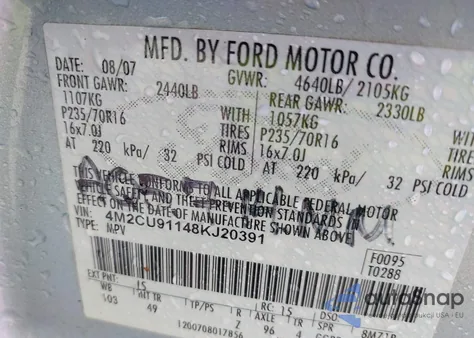 2008 Mercury Mariner V6 z USA, uszkodzony, nr VIN 4M2CU91148KJ20391